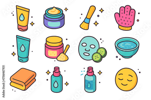 Exfoliation Icon Set. Exfoliation and masks. Colorful isometric vector icons set of Exfoliation and masks: face scrub tube, clay mask jar, brush applicator,