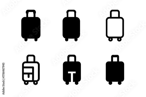 Suitcase Logo Variations. Wheeling a suitcase. Set Logo of wheeling a suitcase: suitcase on wheels icon. Icon set. harmonious logo variations of the same