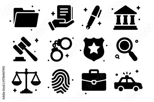 Legal Icons Grid. Legal Documents. Solid icons set of Legal Documents: document folder, hand holding document, pen, courthouse, gavel, handcuffs, police badge,
