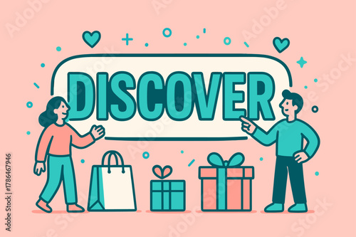 Discover Banner Design. DISCOVER banner, flat vector illustration, bold oversized text inside sticker outline, cartoon characters standing and