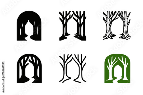 Tree Logo Variations. Forest shortcut. Set Logo of Forest shortcut: tree trunks forming opening. harmonious logo variations of the same emblematic concept,