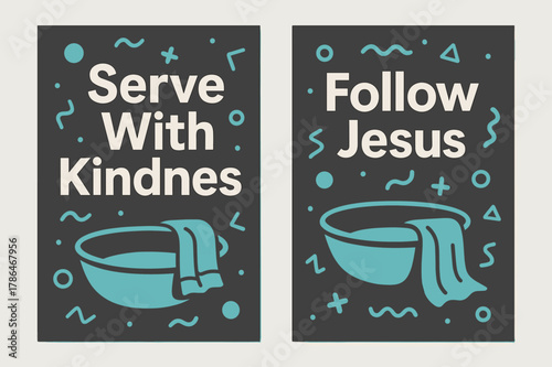 Serving with Kindness. Serving Others. Two vertical A6 banners with safe margins, centered composition, no elements touching edges, memphis, charcoal and aqua,