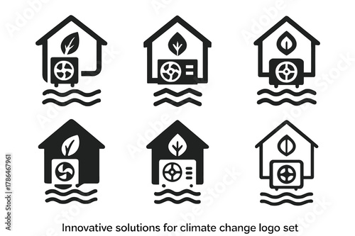 Climate Innovation Icons. Innovative solutions for climate change. Icon set. Set Logo of innovative solutions for climate change: electric heat pump.