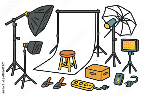 Colorful Studio Doodles. Photo studio setup. Colorful Hand-drawn doodle Children illustration Photo studio setup C-stand, boom arm, softbox, umbrella, LED
