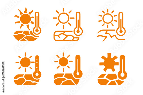 Climate Change Logos. Climate change effects. Set Logo of Climate change effects: sun and thermometer over scorched earth. Icon set. harmonious logo variations