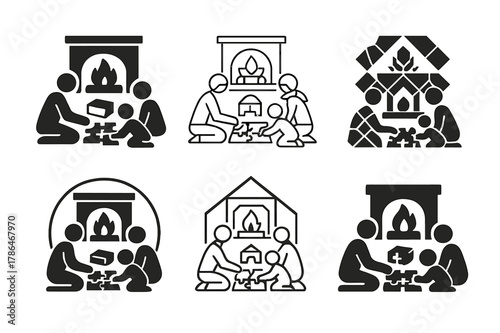 Family Puzzle Logo. A family putting together a puzzle on a cozy afternoon. Set Logo of a family putting together a puzzle on a cozy afternoon: fireplace and
