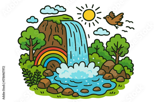Colorful Waterfall Scene. Waterfall source. Colorful Hand-drawn doodle Children illustration Waterfall source mountain cliff, flowing water, mist, rainbow,