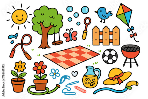 Backyard Playtime Fun. Backyard playtime. Colorful Hand-drawn doodle Children illustration Backyard playtime picnic blanket, soccer ball, bubbles wand, jump