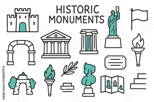Historic Monument Doodles. // Historic monuments. Hand-drawn doodle illustration Historic monuments [fortress (accented), statue (accented), memorial flame