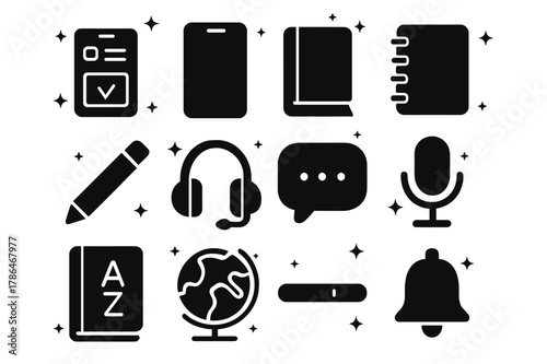 Digital Learning Icons. Learning Tools. Solid icons set of Learning Tools: app interface, smartphone, book, notebook, pencil, headset, chat bubble, microphone,