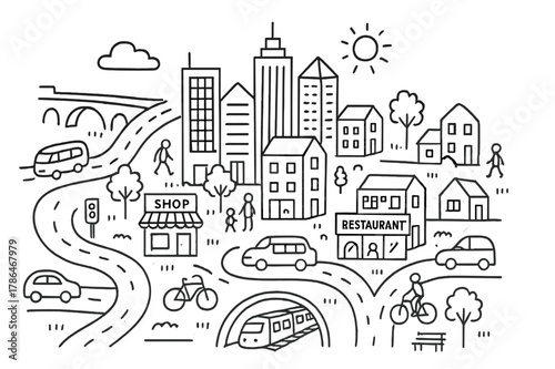 Cityscape Doodle Illustration. City. Hand-drawn doodle illustration City skyscrapers, cars, buses, bicycles, pedestrians, roads, traffic lights, buildings,