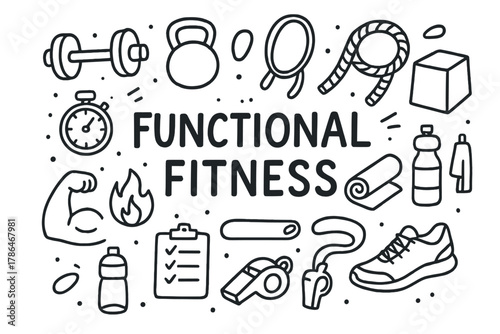 Functional Fitness Doodle. Functional Fitness. Hand-drawn doodle illustration of Functional Fitness. dumbbell,