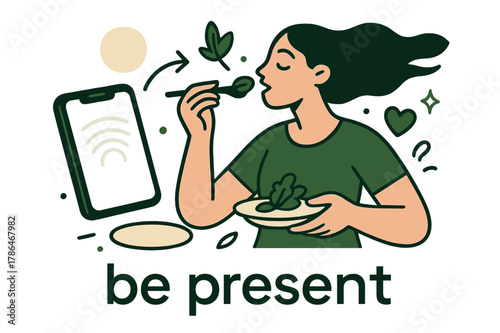 Mindful Eating Illustration. Mindful Eating ? Digital Detox. Phone set aside beside a small plate; soft lines fade from the screen outward. Caption ?be