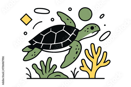 Serene Turtle Harmony. Endangered Species. Sea turtle swimming through coral reef with floating abstract geometric shapes and soft glowing accents, serene and