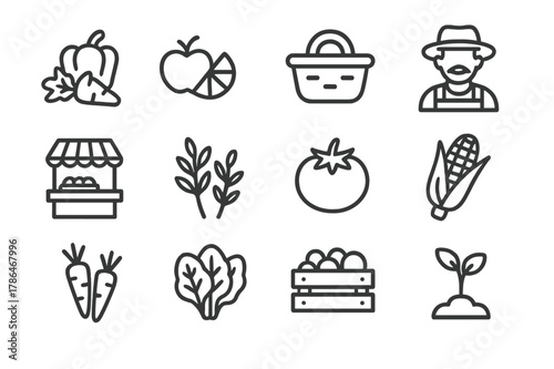 Locally Grown Icons. Locally grown food. Line icon set of locally grown food: fresh vegetables, fruits, basket, farmer, market stall, herbs, tomato, corn,