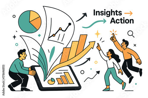 Dynamic Data Insights. Data-driven decision making. Charts burst from a tablet like sails catching wind; ?Insights > Action? arrows sweep forward. Teammates