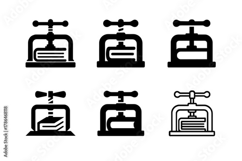 Bookbinding Logo Variations. Bookbinding. Icon set. Set Logo of Bookbinding: book press with screw plate. harmonious logo variations of the same emblematic