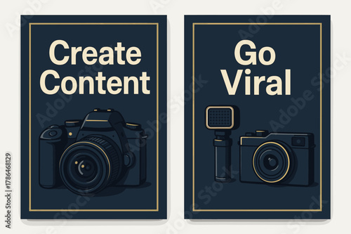 Content Creation Banners. CONTENT CREATION. Two vertical A6 banners with safe margins, centered composition, no elements touching edges, modern, navy and gold,