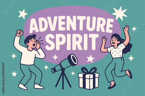 Adventure Spirit Banner. Adventure spirit banner, flat vector illustration, bold oversized text inside rounded blob, cartoon characters shouting and dancing,