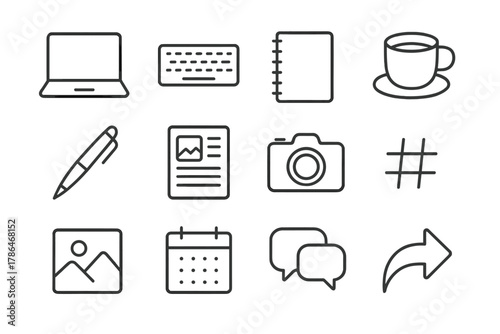 Style Blogging Icons. Style blogging. Line outline icon set of style blogging: laptop, keyboard, notebook,