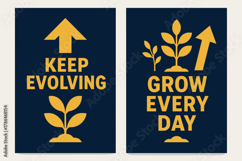 Navy Gold Banners. Keep evolving. Two vertical A6 banners with safe margins, centered composition, no elements touching edges, bold, navy and gold, objects