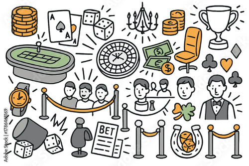 Casino Night Extravaganza. High risk stakes. Hand-drawn doodle illustration poker chips (colored), playing cards (colored), dice (colored), casino table