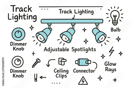 Track Lighting Doodle. // Track lighting. Hand-drawn doodle illustration Track lighting [track bar (accented), adjustable spotlights (accented), bulb