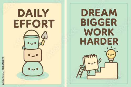 Kawaii Daily Effort Banners. Daily effort. Two vertical A6 banners with safe margins, centered composition, no elements touching edges, kawaii, pastel mint and