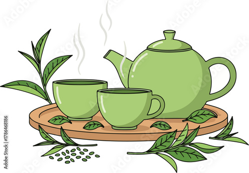 Steaming Green Tea Set with Fresh Leaves on Wooden Tray Illustration