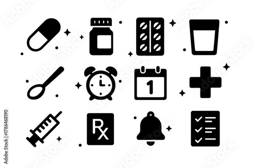 Medication Icon Set. Medication Reminders. Solid icons set of Medication Reminders: pill capsule, pill bottle, blister pack, water glass, dosage spoon, alarm