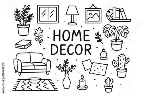 Home Decor Doodles. Home Decor. Hand-drawn doodle illustration of Home Decor. sofa, lamp, plant pot, coffee
