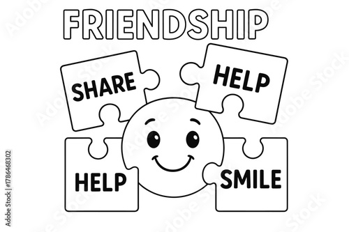 Friendship Puzzle Coloring Page. Friendship puzzle children?s coloring book illustration, outlined drawing, cartoon puzzle pieces labeled ?share,? ?help,? and