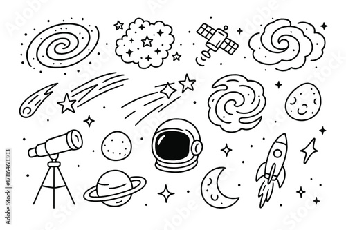 Celestial Doodle Wonders. Galaxies and nebulae. Hand-drawn doodle illustration Galaxies and nebulae spiral galaxy, star cluster, cloud swirl, comet, telescope,