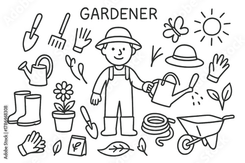 Gardener's Essential Tools. Gardener. Hand-drawn doodle illustration gardener watering can, shovel, rake, gloves, hat, boots, flower pot, trowel, hose,