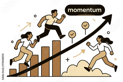 Momentum in Motion. Pitch Deck ? Traction & Growth. Bars and curves soar upward; milestone icons pulse at key dates. Label ?momentum.? glows at peak. Modern