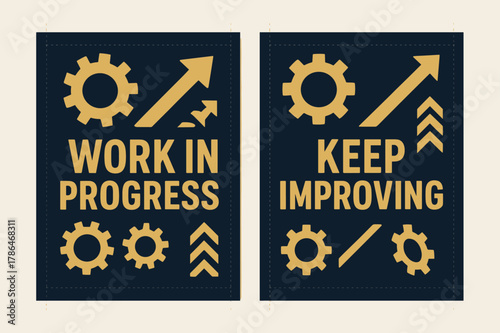 Work in Progress Banners. Work in progress. Two vertical A6 banners with safe margins, centered composition, no elements touching edges, bold, navy and gold,