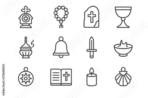 Ritual Icon Collection. Ritual and religious relics. Line icon set of ritual and religious relics: reliquary, prayer bead, altar fragment, chalice, incense