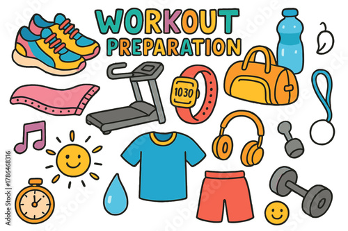 Workout Essentials Doodle. Workout Preparation. Colorful Hand-drawn doodle Children illustration Workout Preparation sneakers, treadmill, water bottle, gym