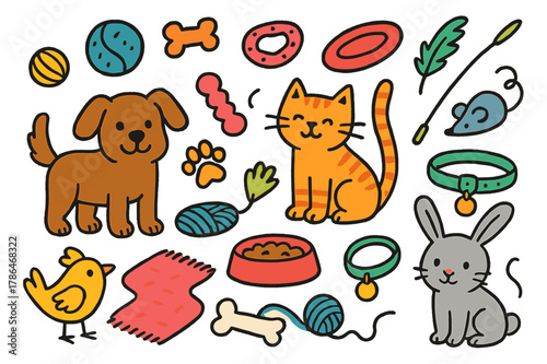 Colorful Pet Toys. pets and toys. Colorful Hand-drawn doodle Children illustration pets and toys dog, cat, ball, chew toy, yarn, mouse toy, frisbee, bone,