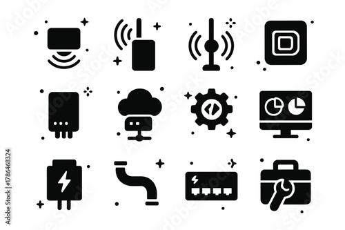 IoT Parking Icons. IoT parking infrastructure. Solid icons set of IoT parking infrastructure: ultrasonic sensor, LoRa gateway, NB-IoT antenna, RFID tag, edge