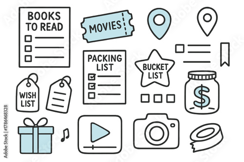 Colorful Collection Doodles. // Collections pages. Hand-drawn doodle illustration Collections pages [books to read list (accented), movies ticket (accented),