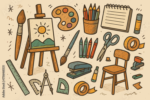 Creative Art Studio Essentials. Art Studio. Hand-drawn doodle illustration Art Studio, colored easel, accented paintbrush, colored palette, colored canvas,