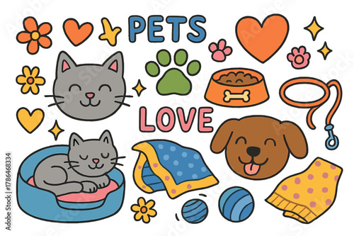Colorful Pet Love Icons. Pets and love. Colorful Hand-drawn doodle Children illustration Pets and love cat, dog, paw print, food bowl, heart, leash, toy ball,