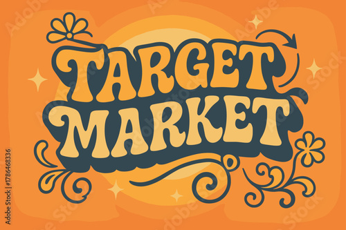 Groovy 70s Vibes. Target Market ? 70s Poster; lettering: funky curved fonts; composition: wavy stacked; effects: warm gradients, concentric circles;