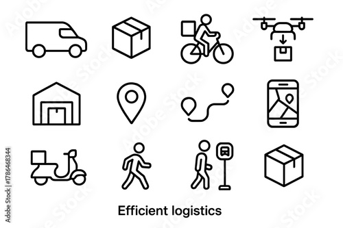 Efficient Logistics Icons. Efficient logistics. Line icon set of efficient logistics: delivery van, package, bicycle courier, drone, warehouse, map marker,