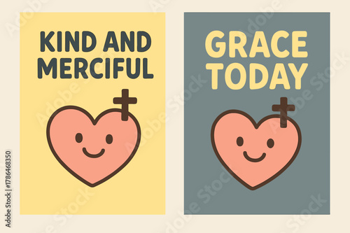 Kindness and Grace Banners. Mercy. Two vertical A6 banners with safe margins, centered composition, no elements touching edges, cartoon, lemon and slate,