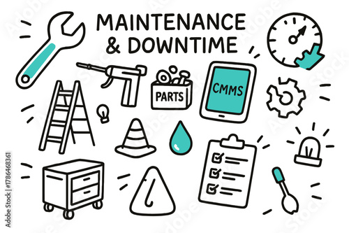 Maintenance Tools Doodle. // Maintenance & downtime. Hand-drawn doodle illustration Maintenance & downtime [wrench (accented), grease gun, spare parts bin