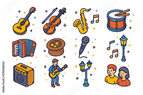 Musical Street Icons. Musical street act. Colorful isometric vector icons set of musical street act: guitar, violin, saxophone, drum, accordion, hat for tips,