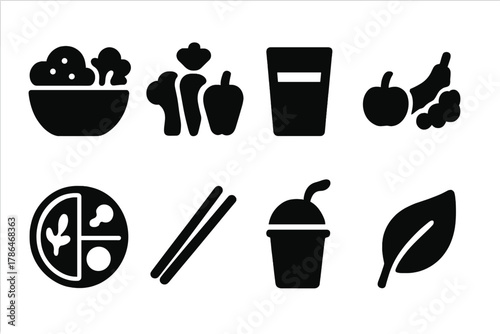 Healthy Meal Icons. Healthy meals. Filled icon set of healthy meals: salad bowl, vegetables, water glass,