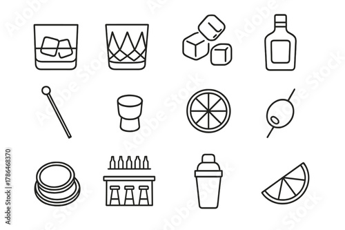 Luxury Drink Icons. Luxury drink. Line icon set of luxury drink: whiskey glass, crystal glass, ice cubes, bottle, cocktail stirrer, cork, lemon slice, olive,